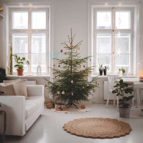 Soggiorno in stile scandinavo con albero di Natale naturale decorato con semplicità e luci natalizie alle finestre.