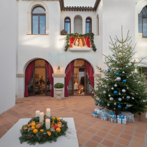 Cortile mediterraneo decorato per Natale con albero di Natale e composizione di candele e agrumi.