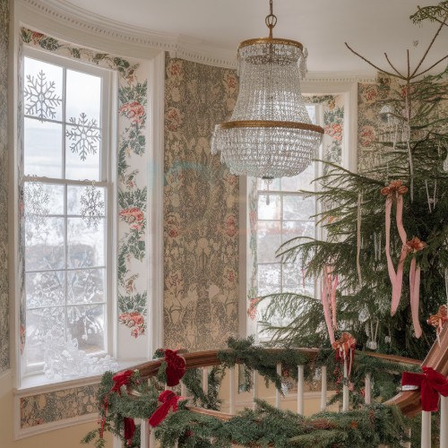 Interno elegante con scala decorata per Natale e grandi finestre con fiocchi di neve adesivi.